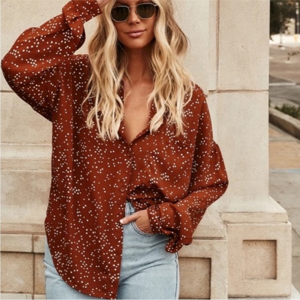 12th Tribe Brown Button-Down Shirt with White Dot Print